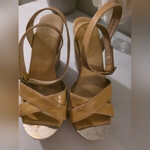 Jimmy Choo Beige Patent Leather Wedge Sandals